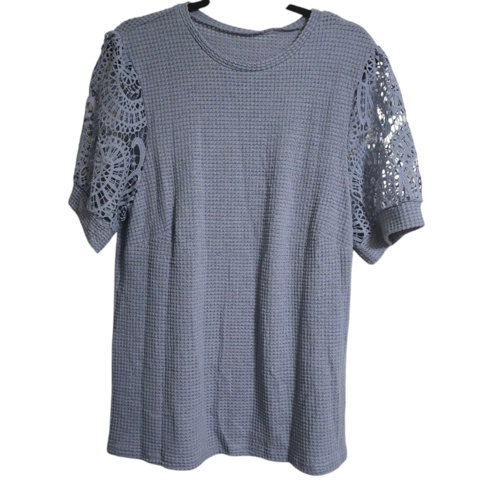 Women's Blue Knit Lace Sleeve Top Plus Size NWT